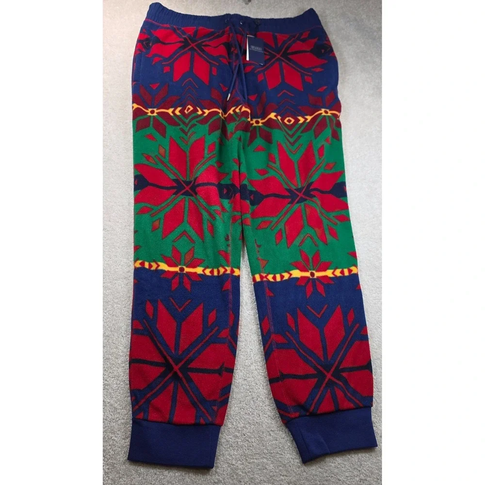 Polo Ralph Lauren Fleece Jogger Pants Mens M Blue Green Snowflake Fair Isle NWT
